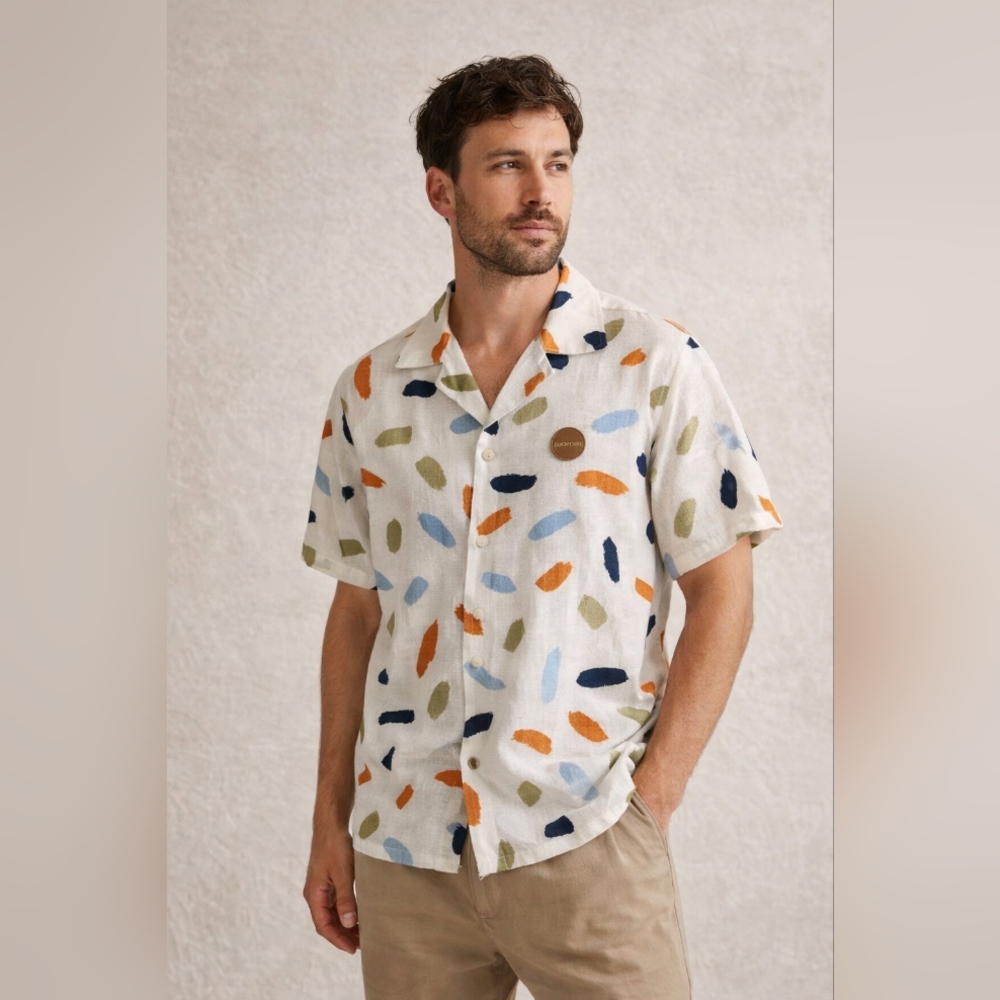 Common People Short-Sleeve Button-Down Shirt with Multicolor Print- nwot